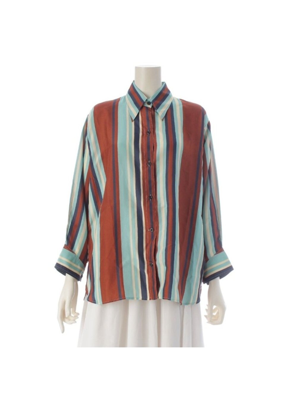 Prada Silk Triangle Motif Stripe Long Sleeve Shirt Top Brown Light Blue 36